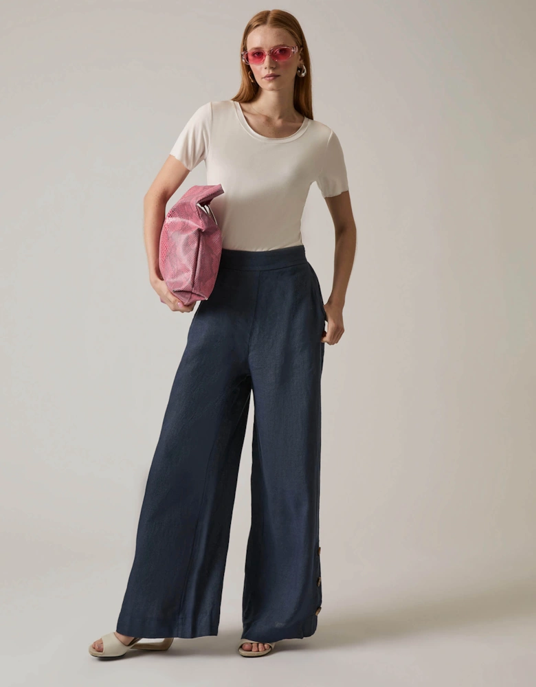 Navy Linen Button Trousers