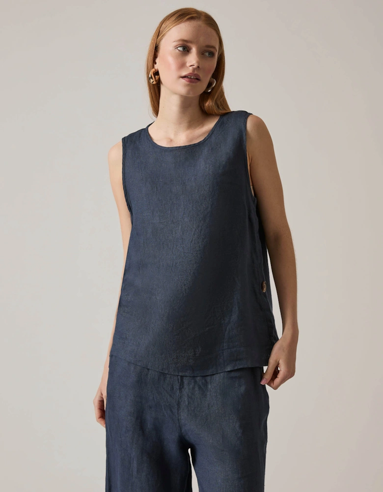 Navy Linen Button Top