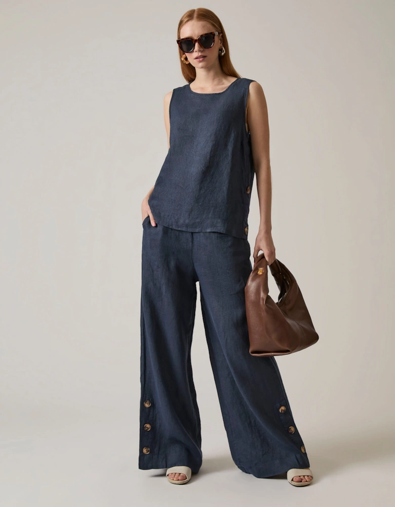 Navy Linen Button Top