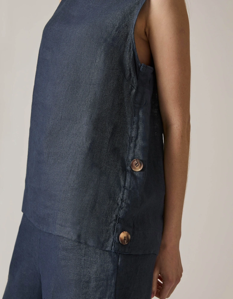Navy Linen Button Top