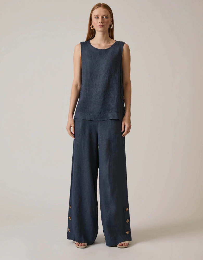 Navy Linen Button Top