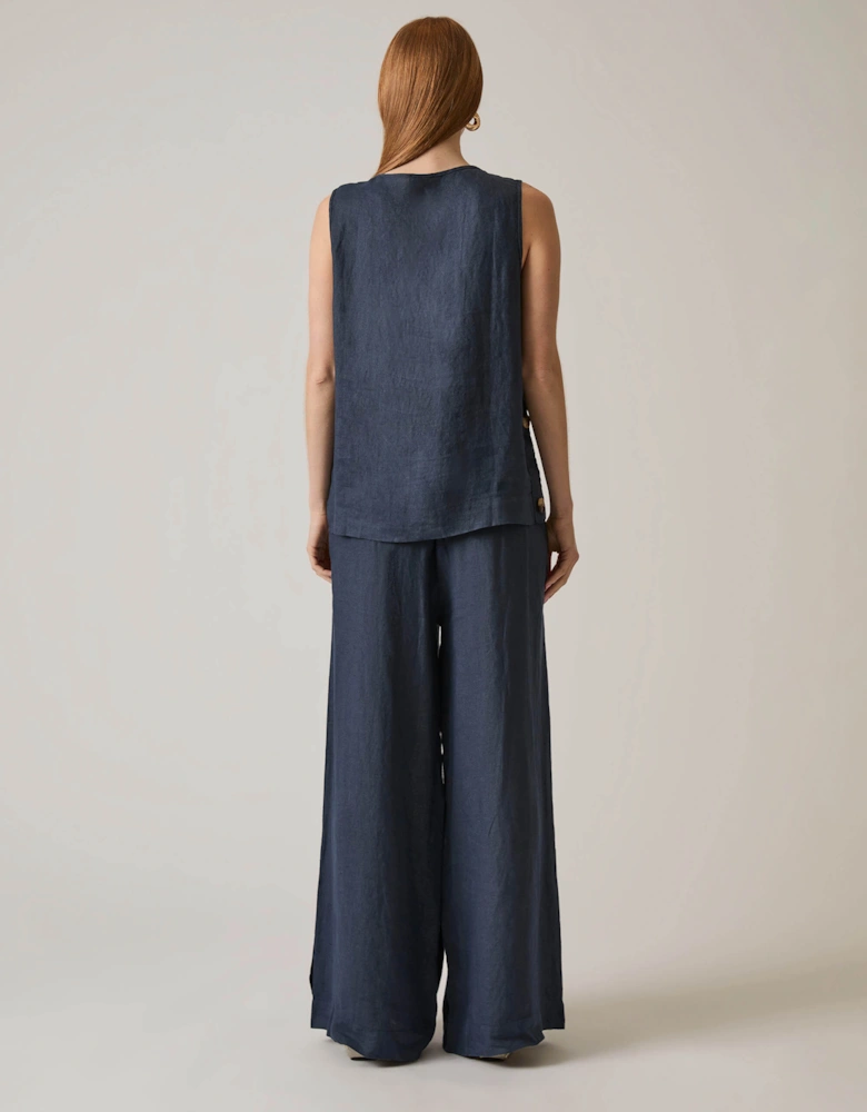 Navy Linen Button Top