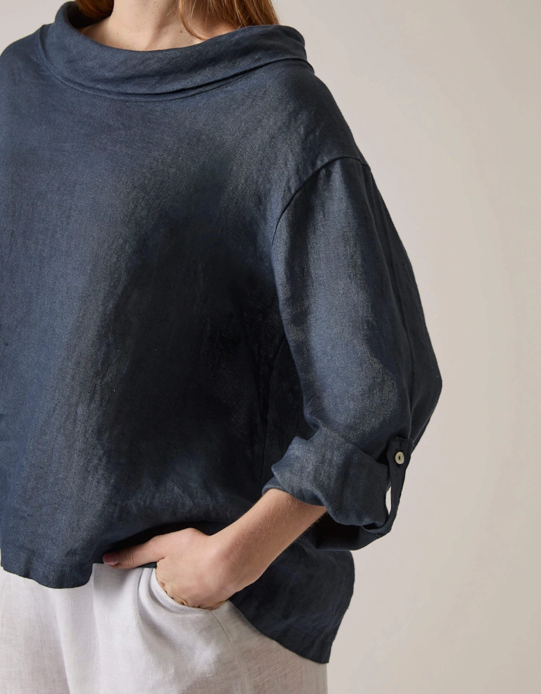 Cowl Neck Linen Navy Top