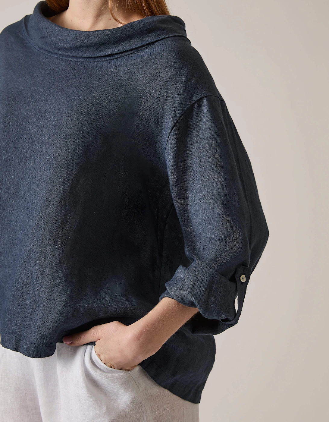 Cowl Neck Linen Navy Top