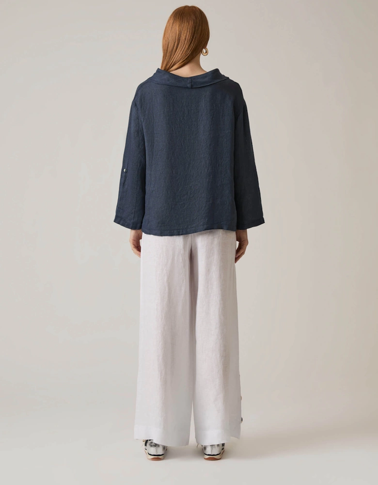 Cowl Neck Linen Navy Top