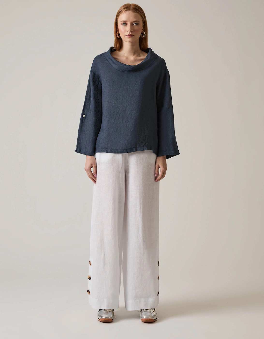 Cowl Neck Linen Navy Top, 8 of 7