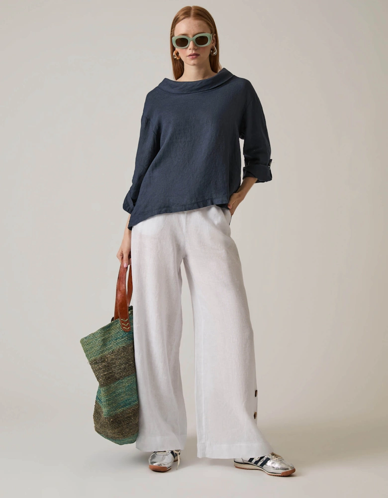Cowl Neck Linen Navy Top