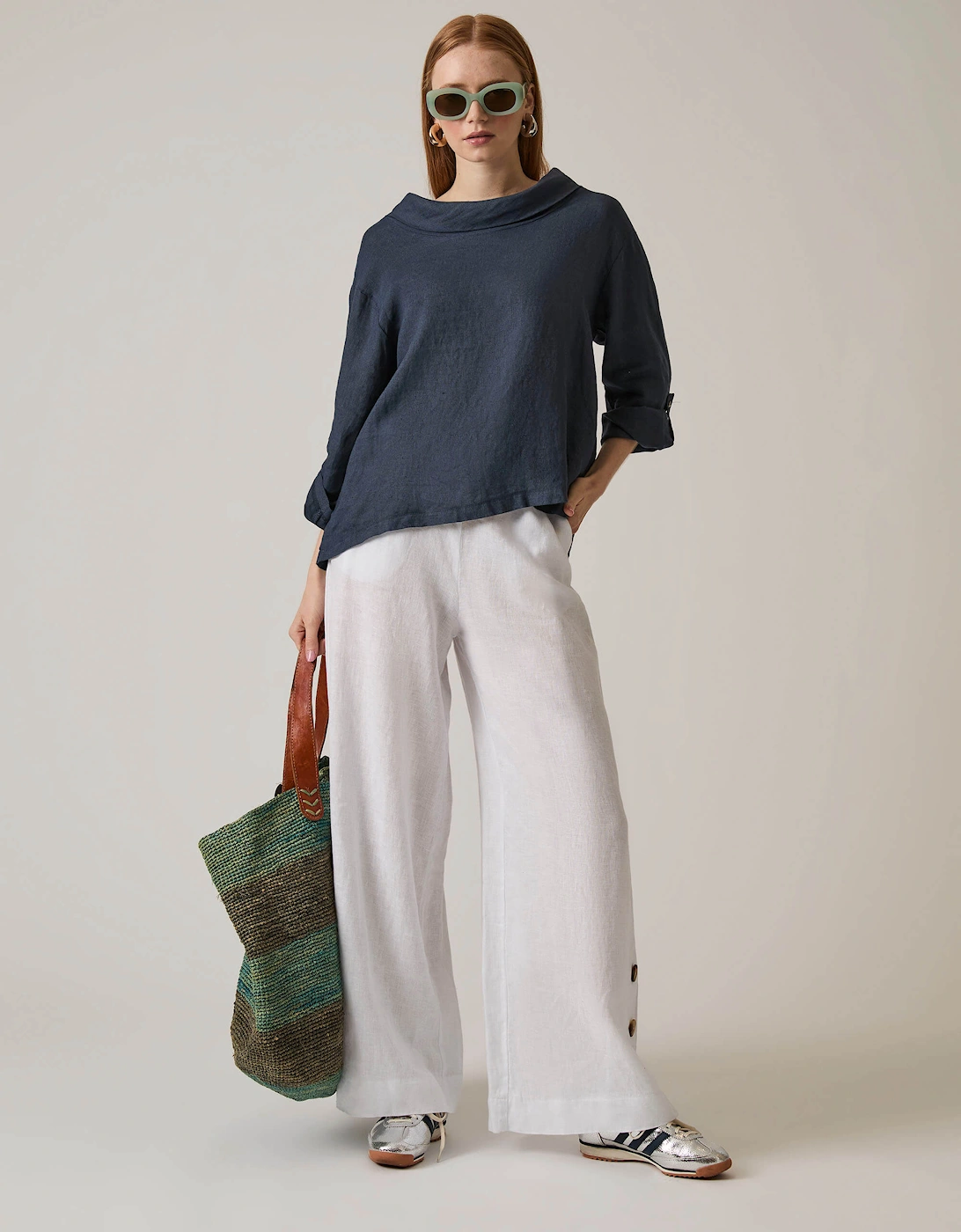 Cowl Neck Linen Navy Top