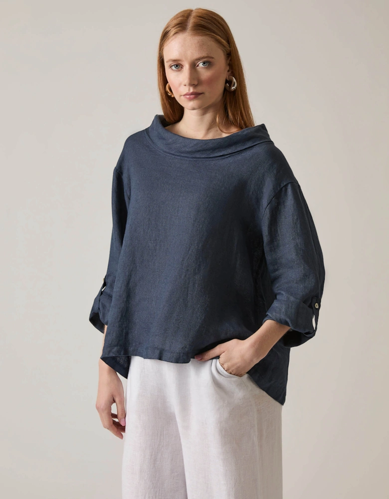 Cowl Neck Linen Navy Top