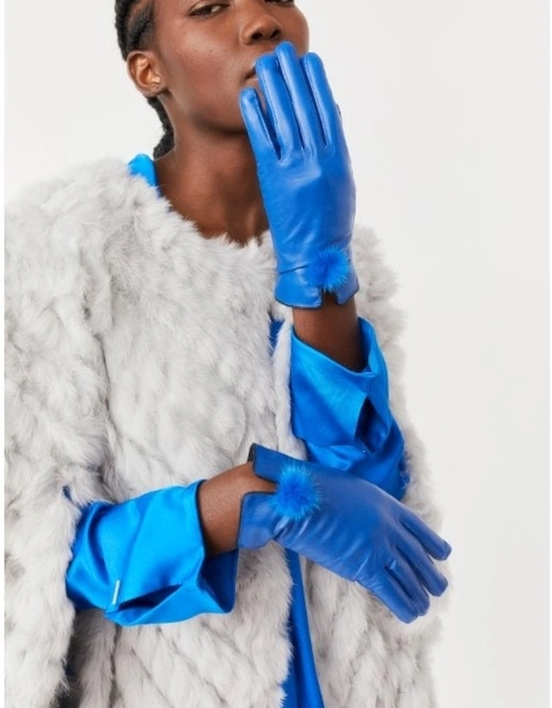 Blue Leather Gloves with Mink Bobble