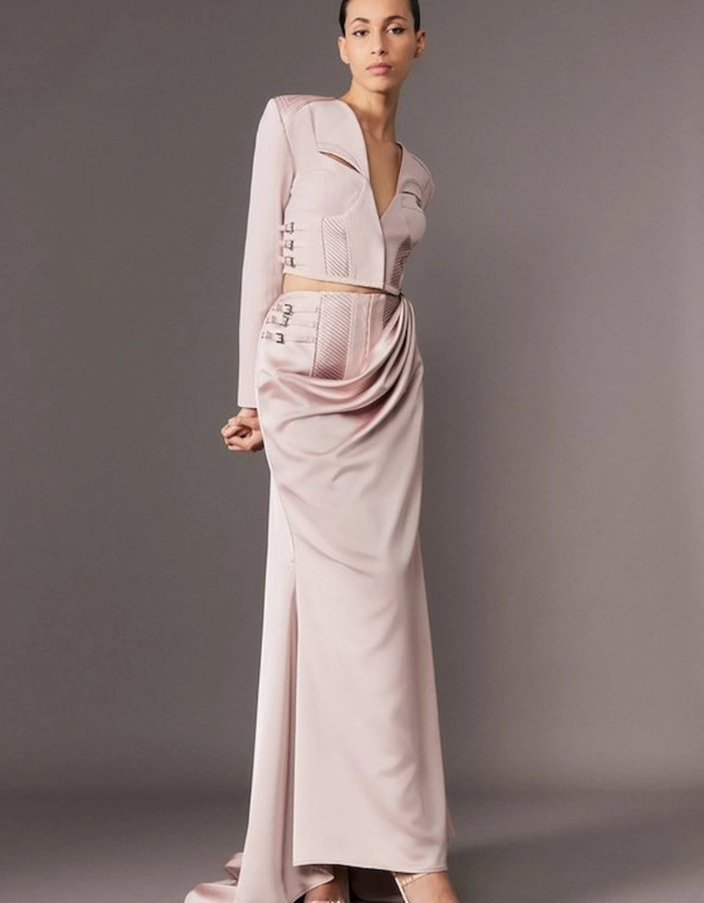 Archive Collection - Tailored Satin Drape Corset Detail Fishtail Maxi Skirt