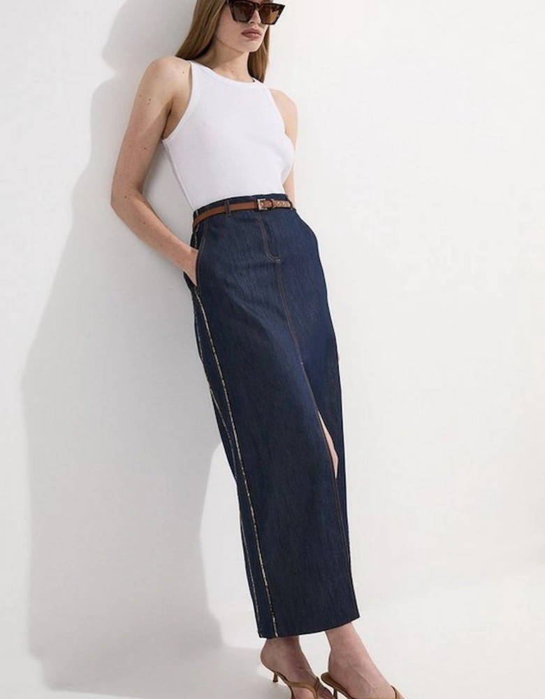 Archive Collection - Tailored Denim Belted Pocket Detail Maxi Skirt