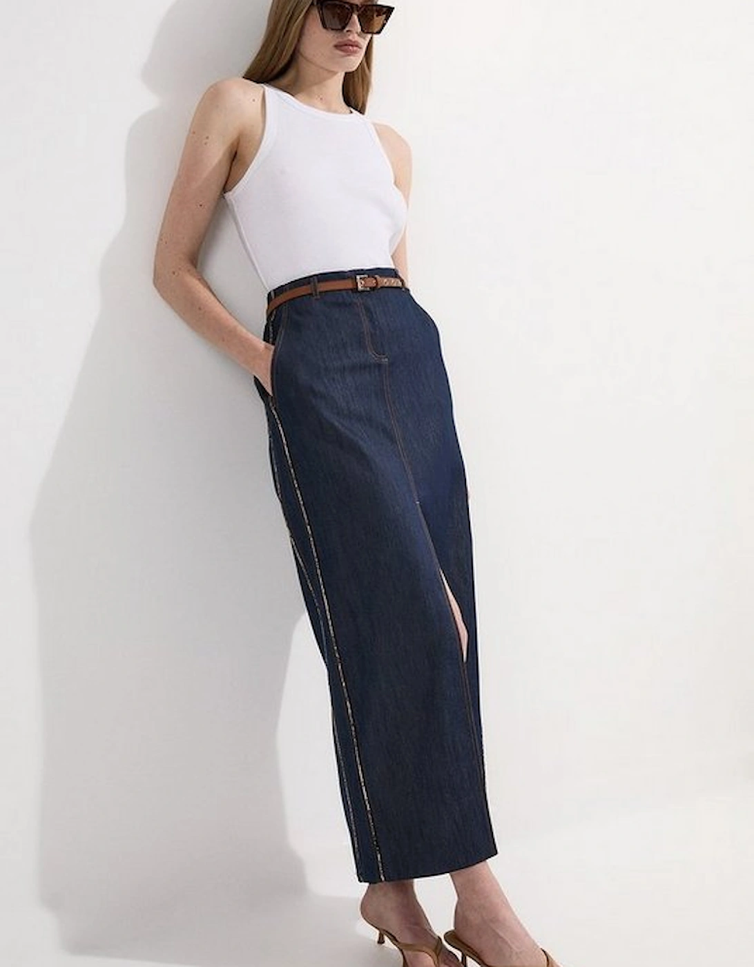 Archive Collection - Tailored Denim Belted Pocket Detail Maxi Skirt, 4 of 3