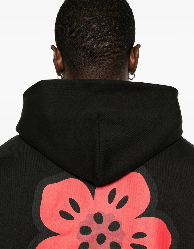 Red Boke Flower Printed Hoodie in Black