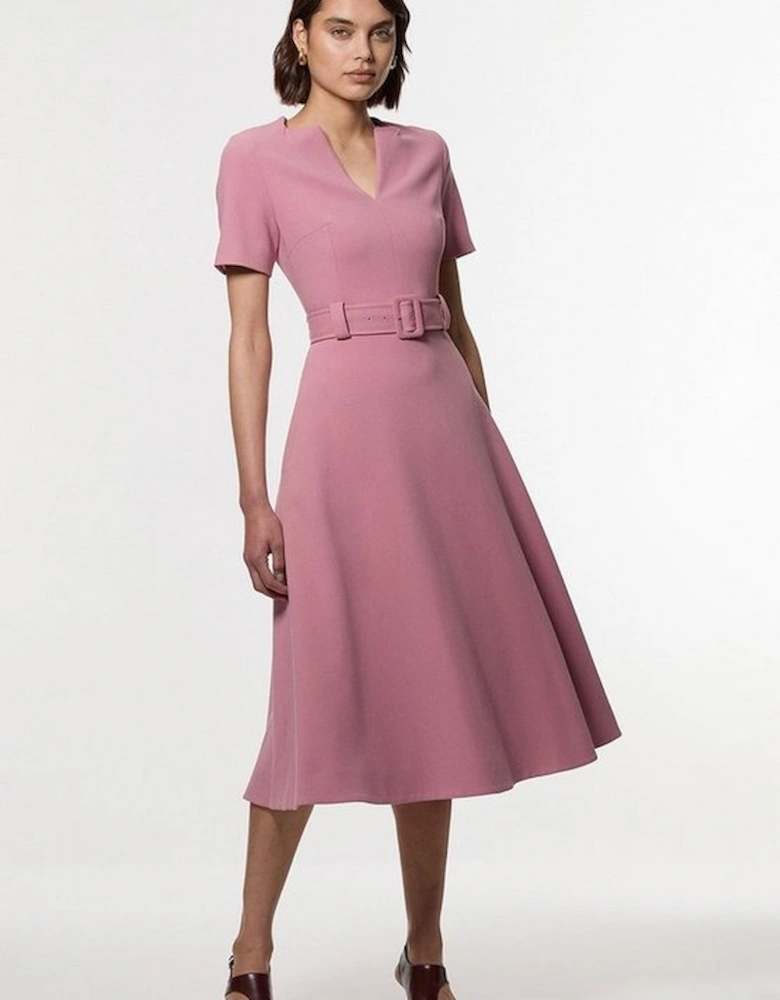 Compact Stretch Belted Full Skirted Midi Dress