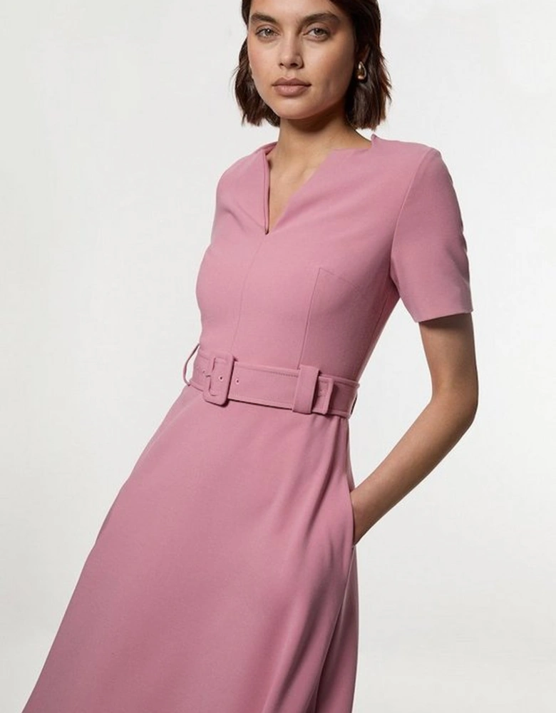Compact Stretch Belted Full Skirted Midi Dress