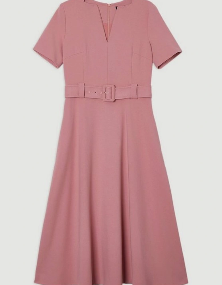 Compact Stretch Belted Full Skirted Midi Dress