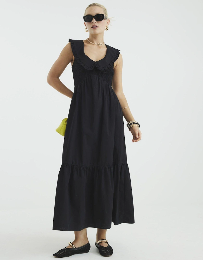 Ruffle Collar Shirred Maxi Dress