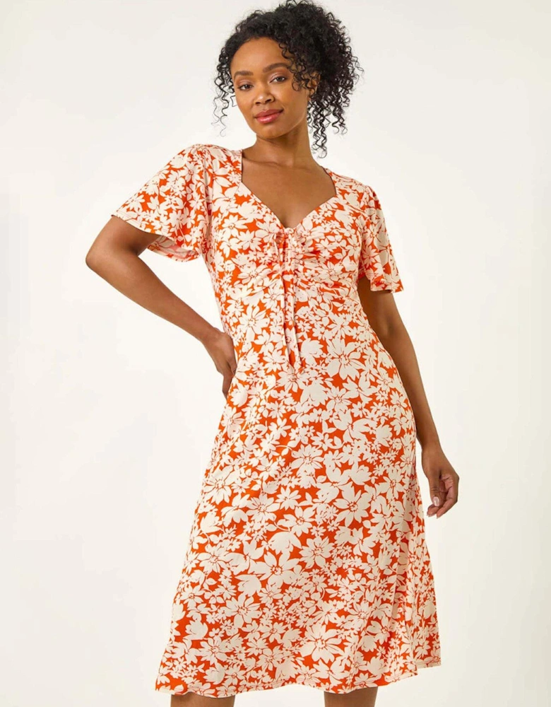 Petite Floral Ruched Midi Dress - Orange