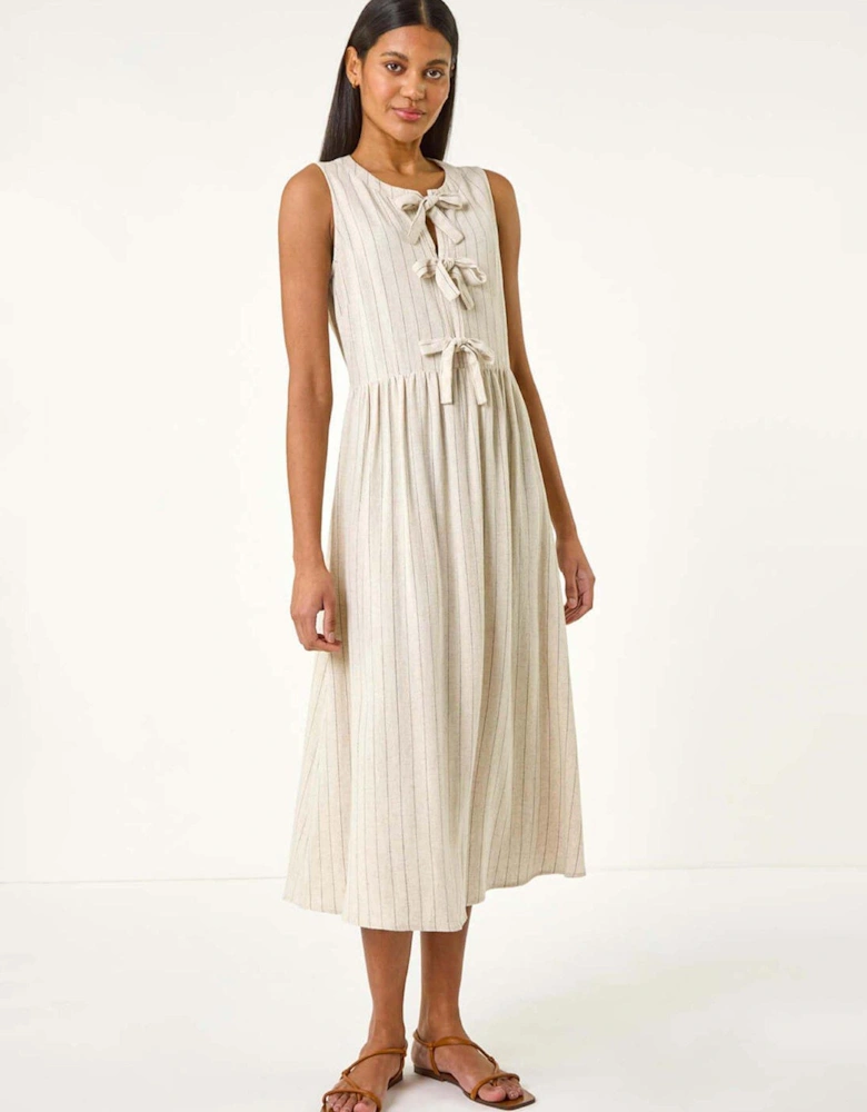 Pinstripe Bow Detail Midi Dress - Beige