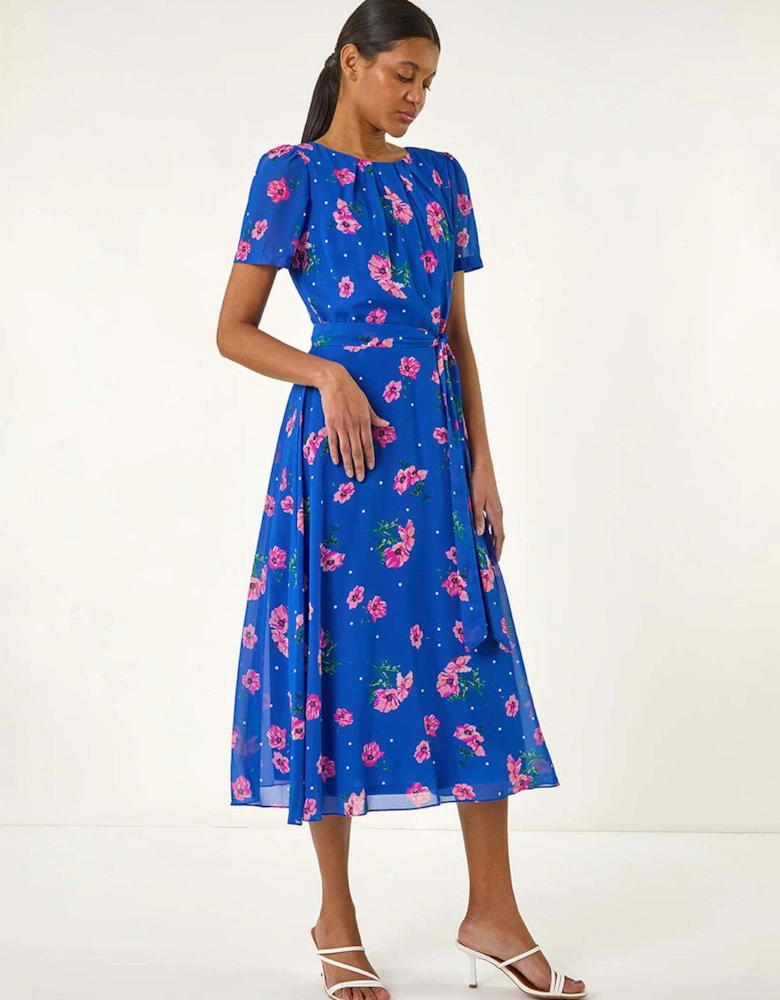 Floral Pleated Chiffon Dress - Blue