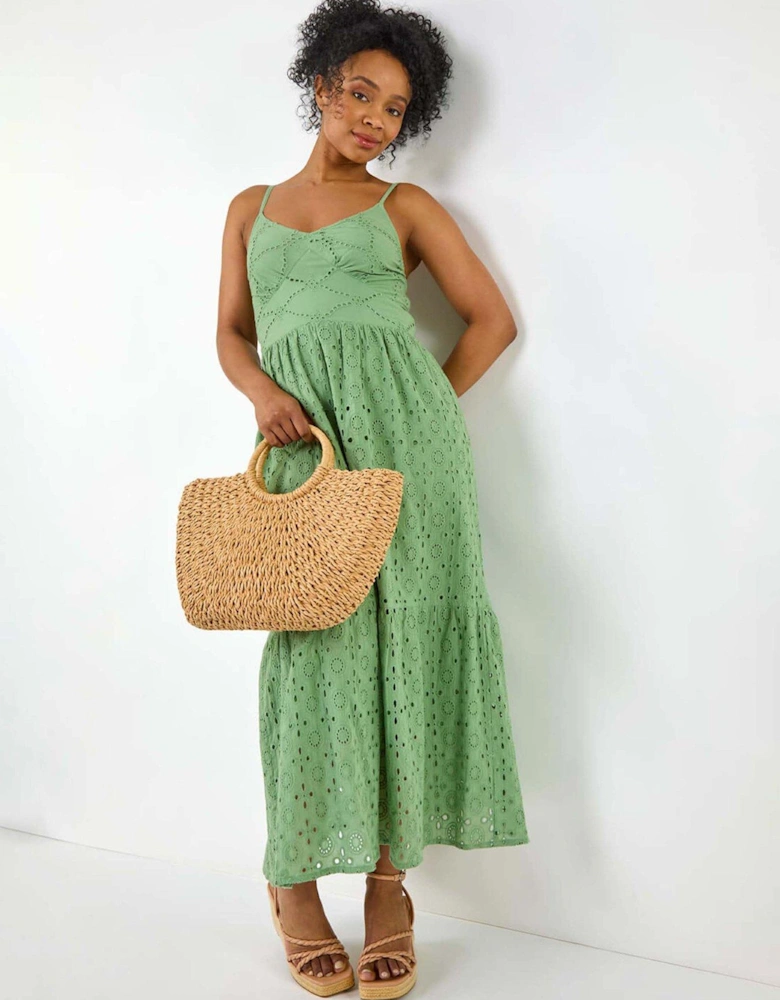 Petite Broderie Strappy Maxi Dress - Green