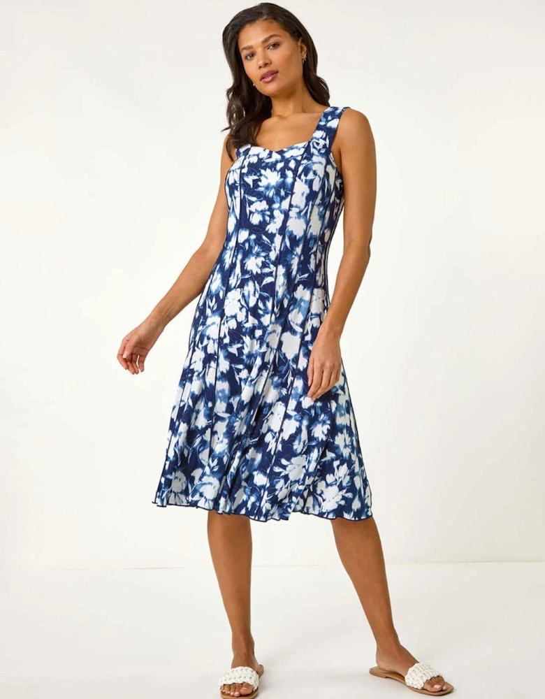 Abstract Print Panelled Short Dress - Navy