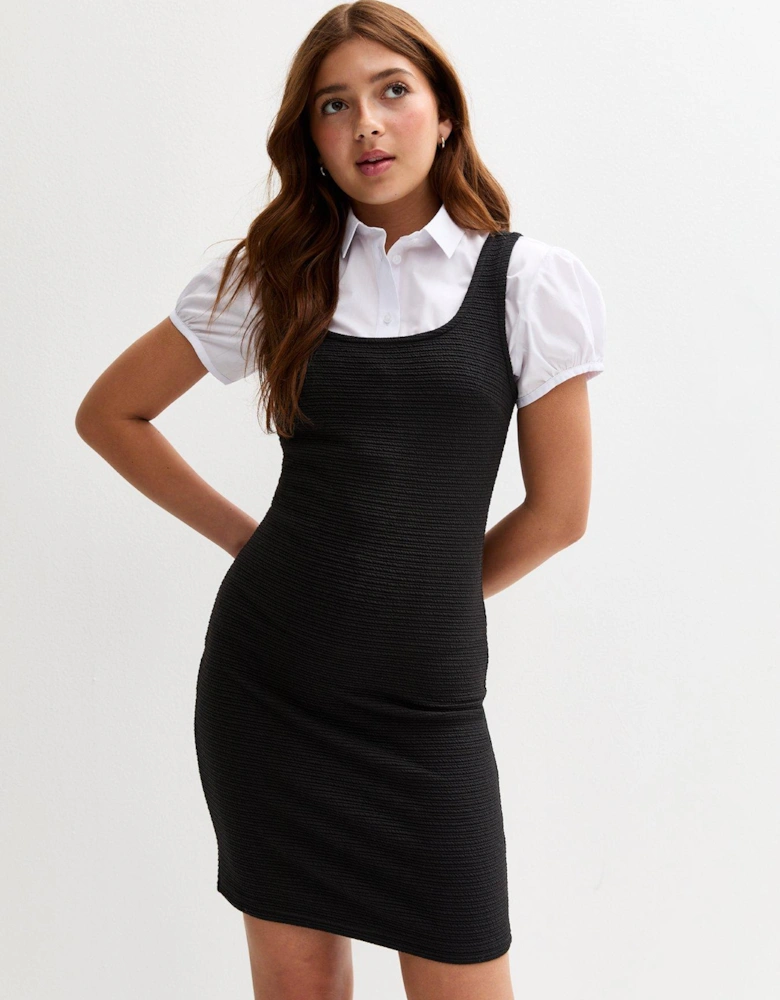 Girls Black Textured Jersey School Pinafore Dress