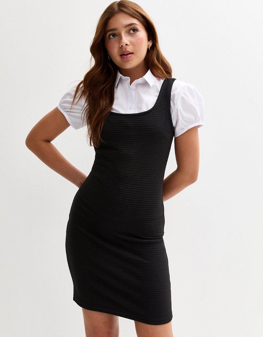 Girls Black Textured Jersey School Pinafore Dress, 2 of 1