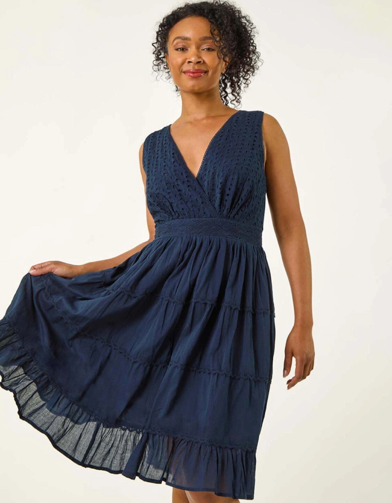 Petite Embroidered Lace Trim Dress - Navy