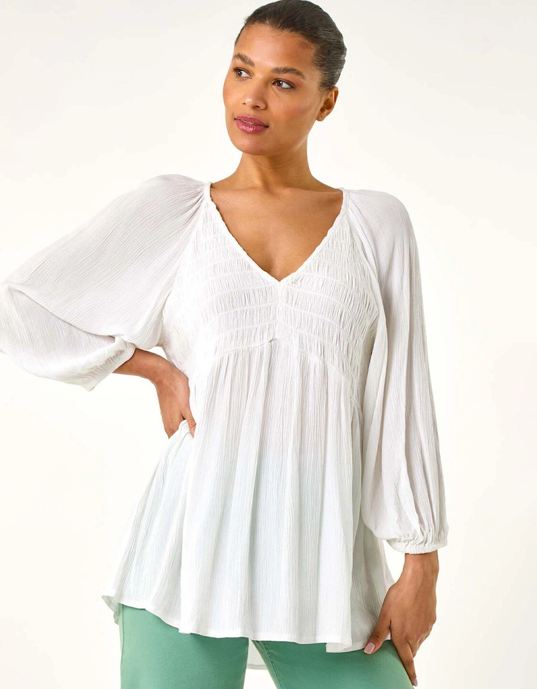 Shirred V-neck Top - White, 2 of 1