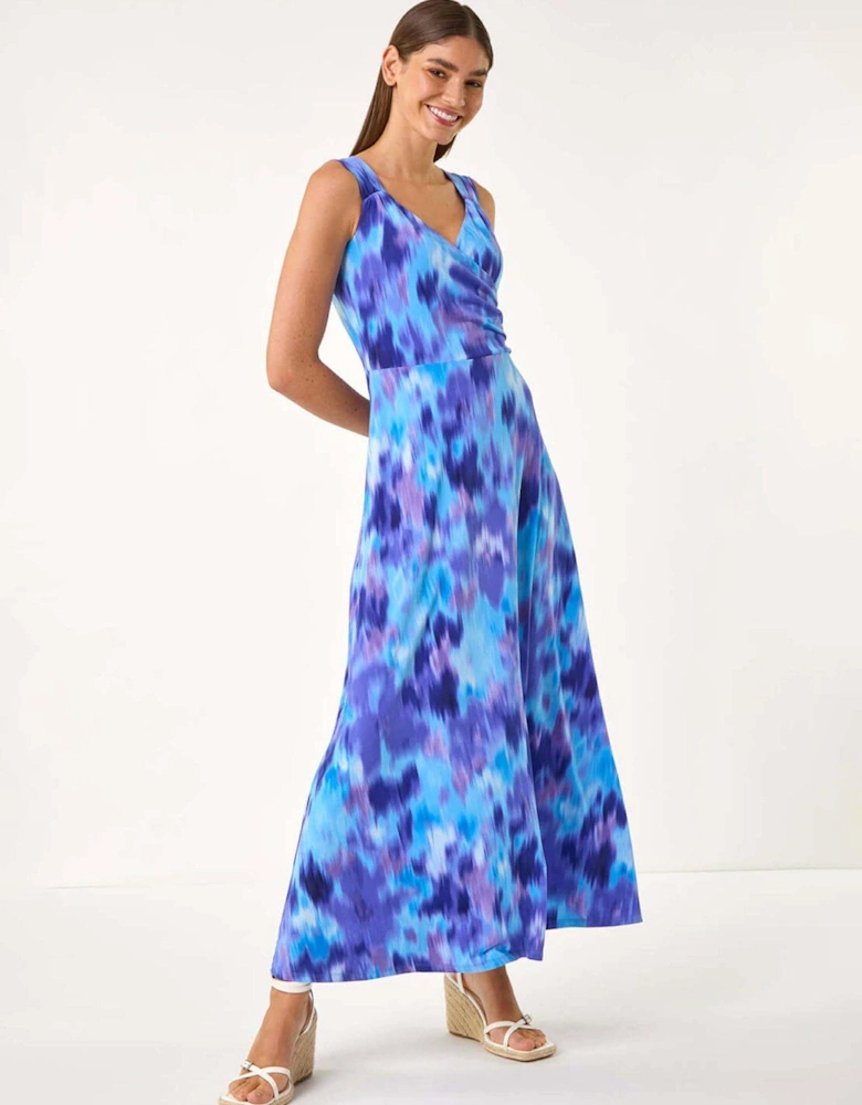 Abstract Print Gathered V-neck Maxi Dress - Purple