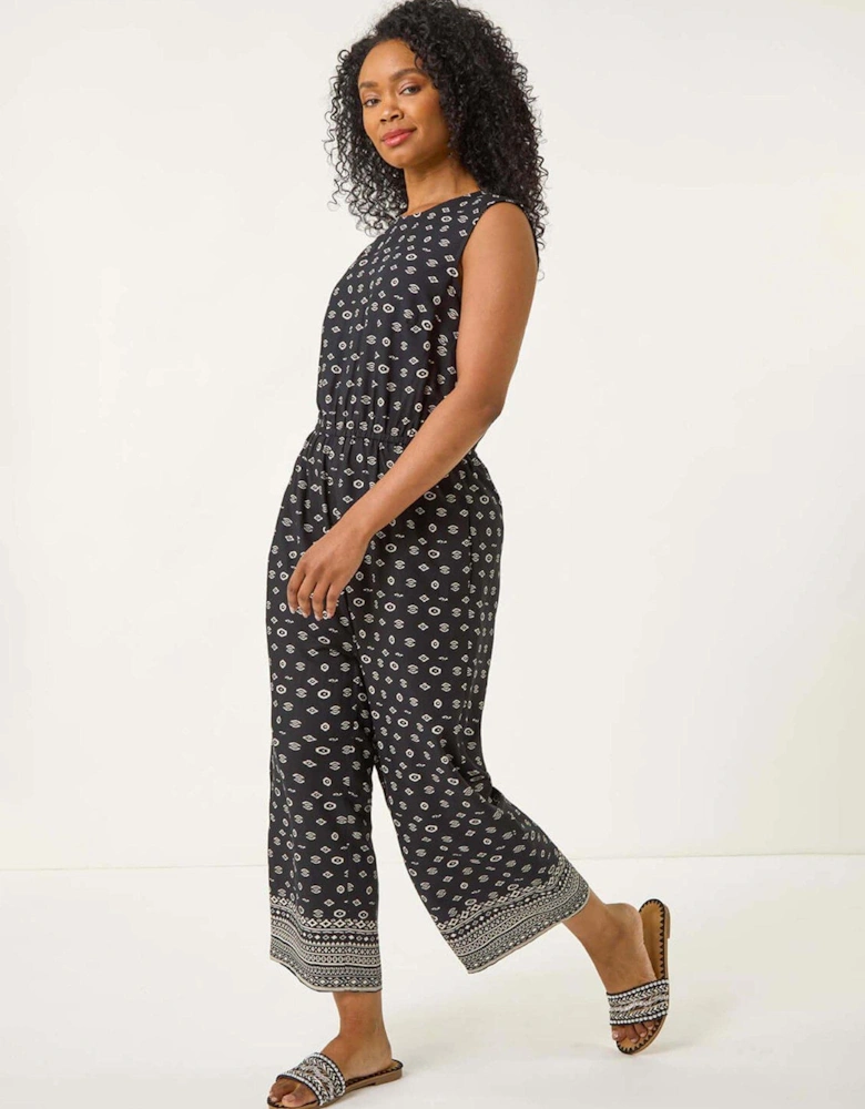 Petite Aztec Print Cropped Jumpsuit - Black
