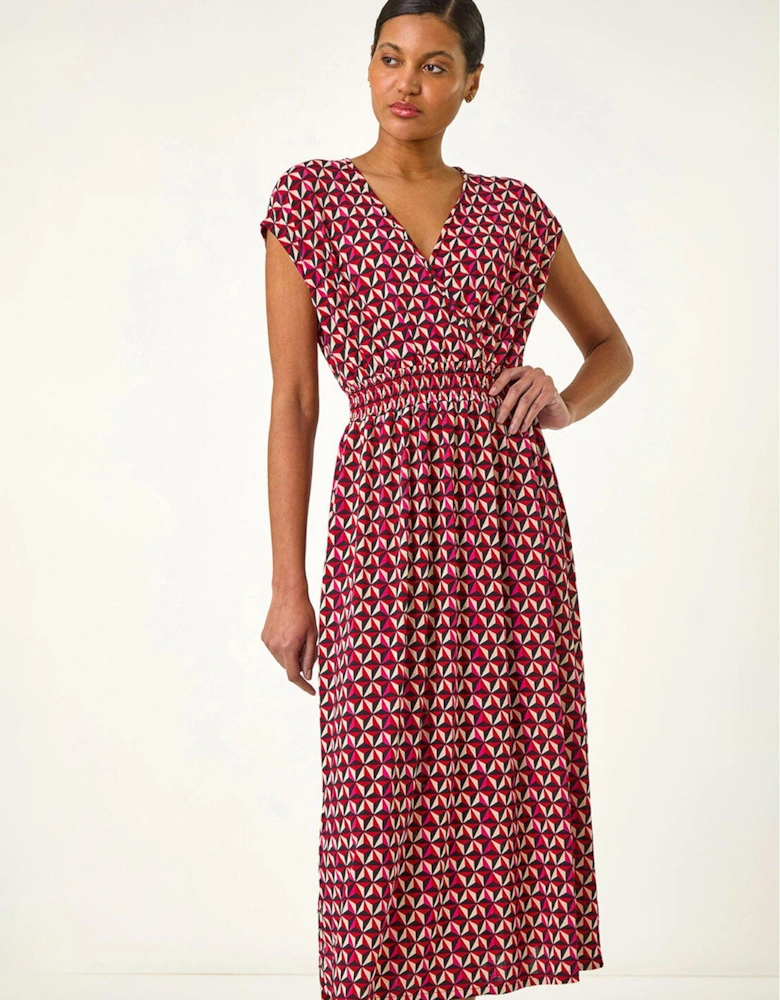 Geo Print V-neck Stretch Midi Dress - Red
