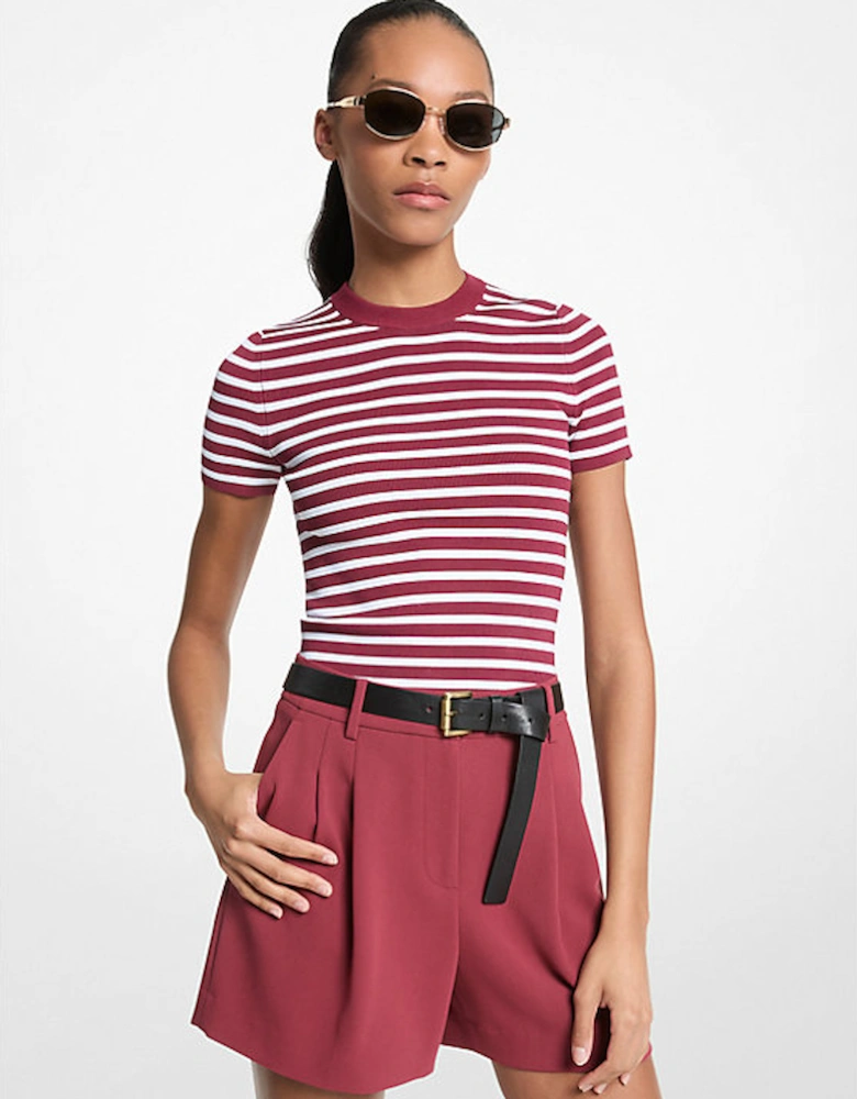 Striped Stretch Knit Short-Sleeve Sweater