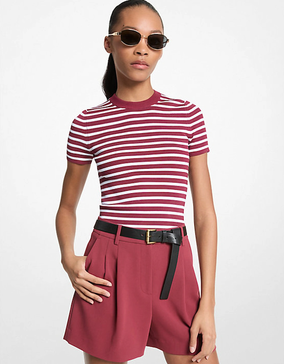 Striped Stretch Knit Short-Sleeve Sweater, 2 of 1