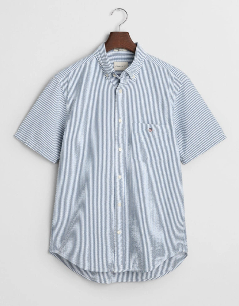 Regular Seersucker Stripe Short Sleeve Shirt, Rich Blue