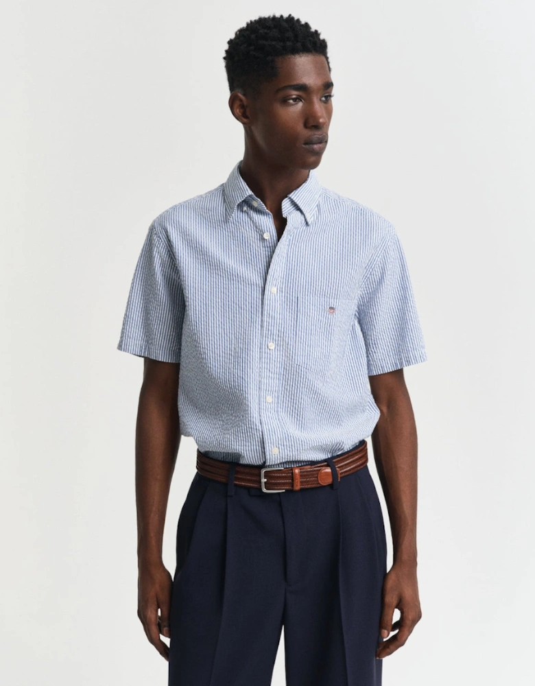 Regular Seersucker Stripe Short Sleeve Shirt, Rich Blue