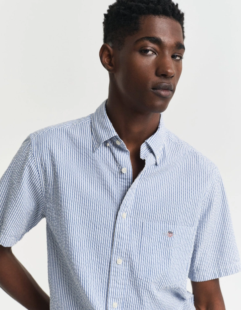 Regular Seersucker Stripe Short Sleeve Shirt, Rich Blue