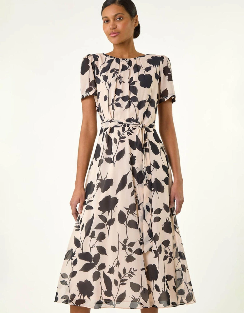 Flower Print Pleat Neck Midi Dress - Cream