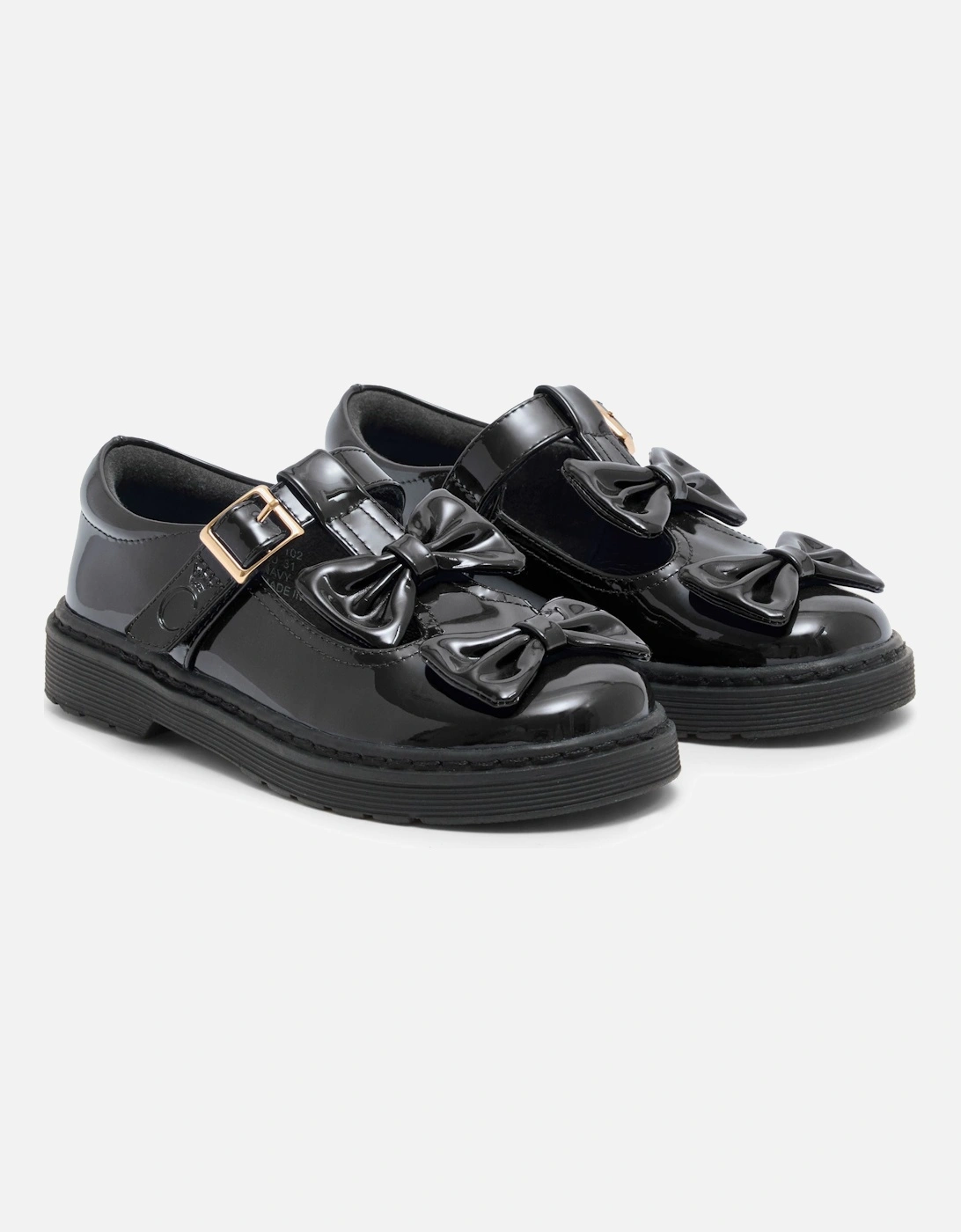 Girls Black Patent T-Bar Bow Shoes