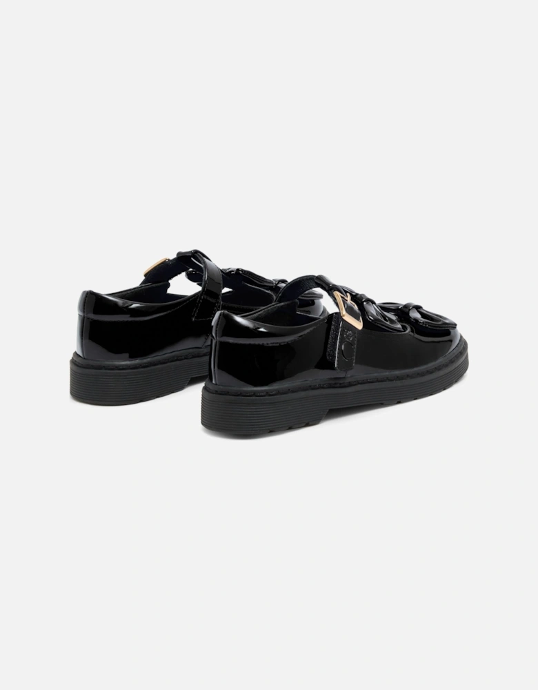 Girls Black Patent T-Bar Bow Shoes