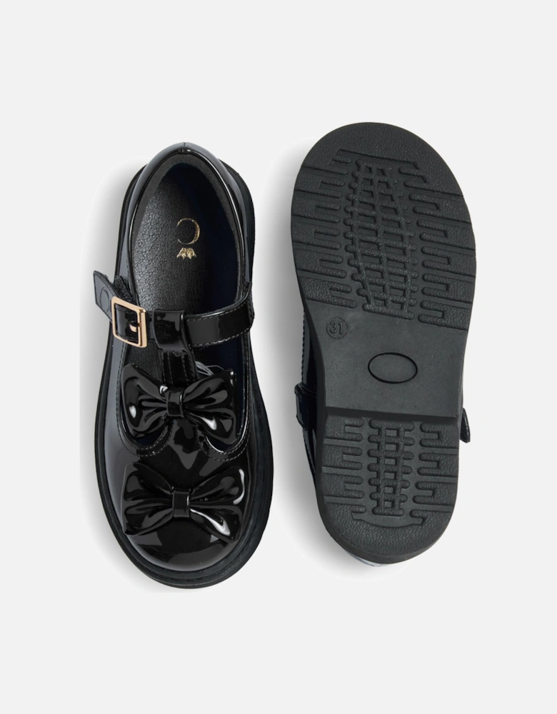 Girls Black Patent T-Bar Bow Shoes
