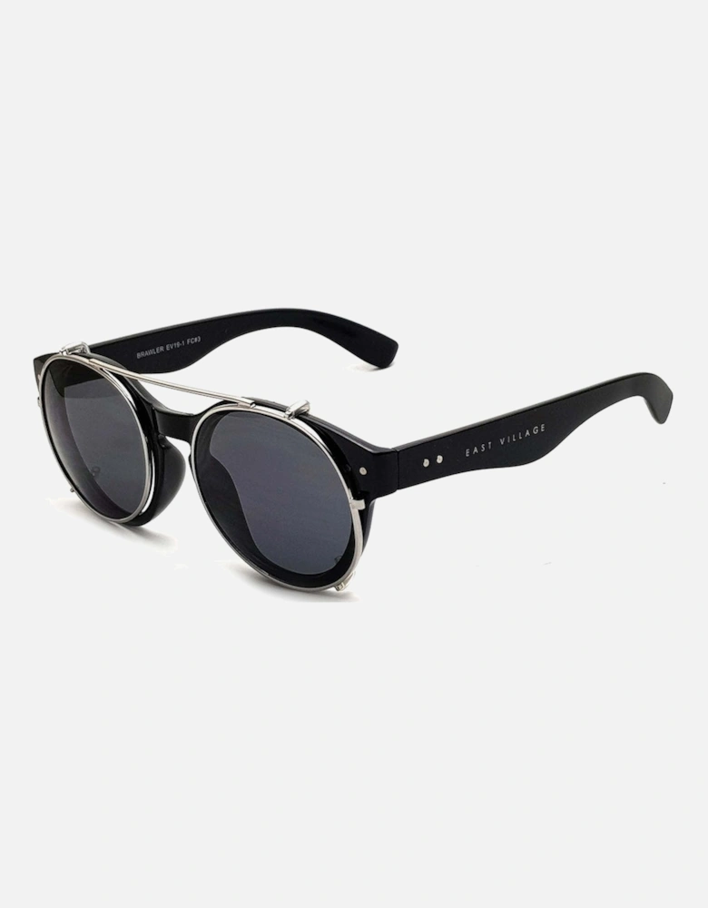 'Brawler' Round Sunglasses Black And Metal With Solid Smoke Lens