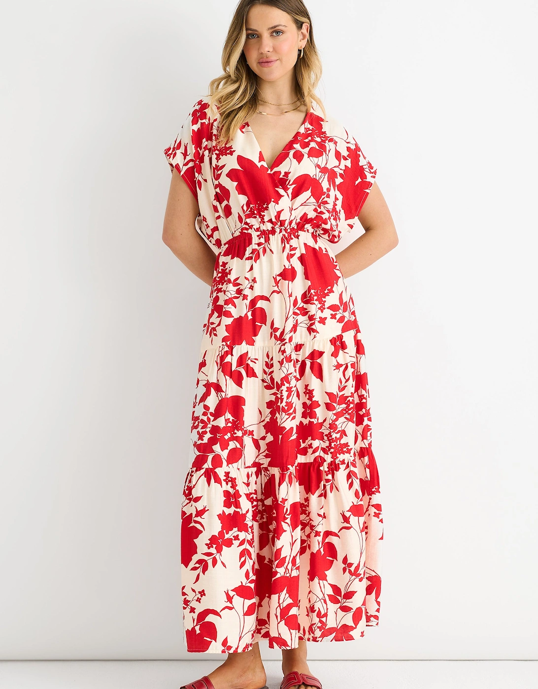 Gini London Women's Red Floral Elastic Waist Maxi Dress - Size: 8