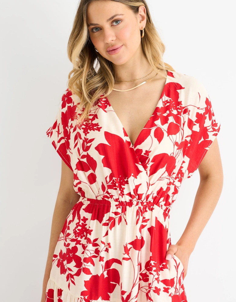 Red Floral Elastic Waist Maxi Dress