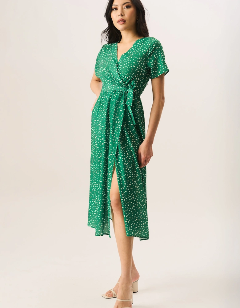 Green Animal Print Wrap Midi Dress