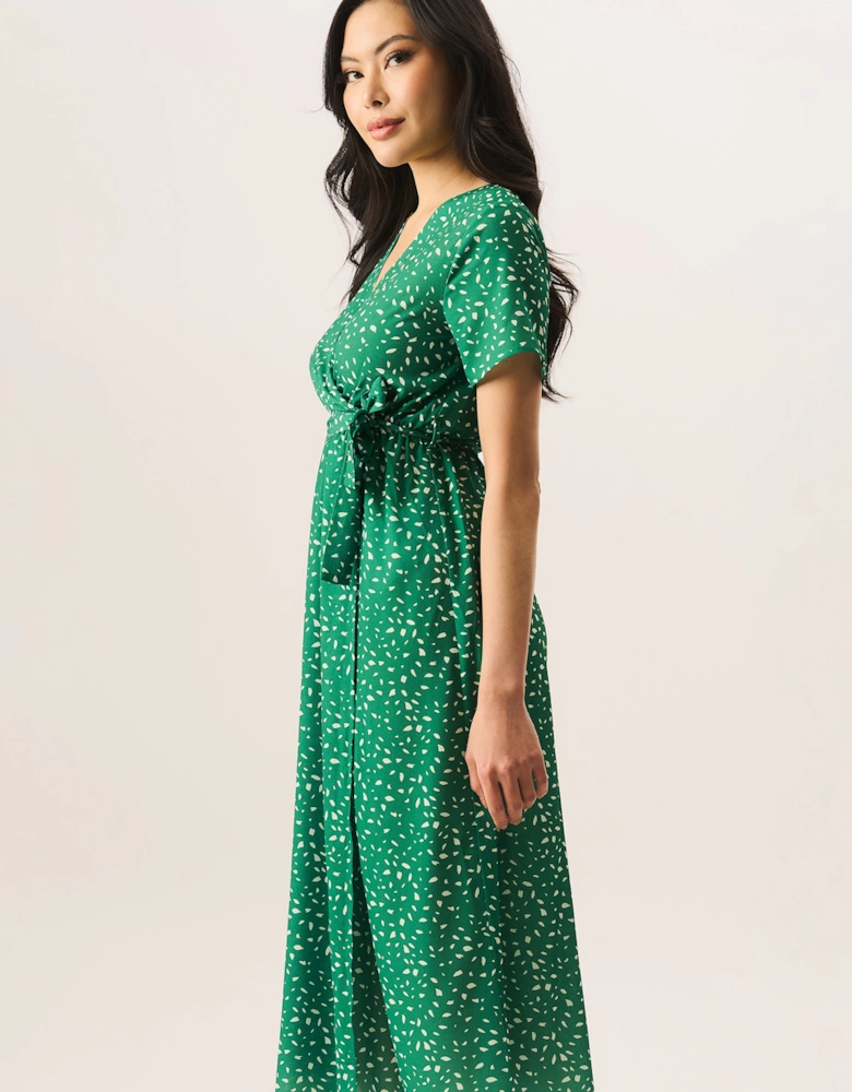 Green Animal Print Wrap Midi Dress