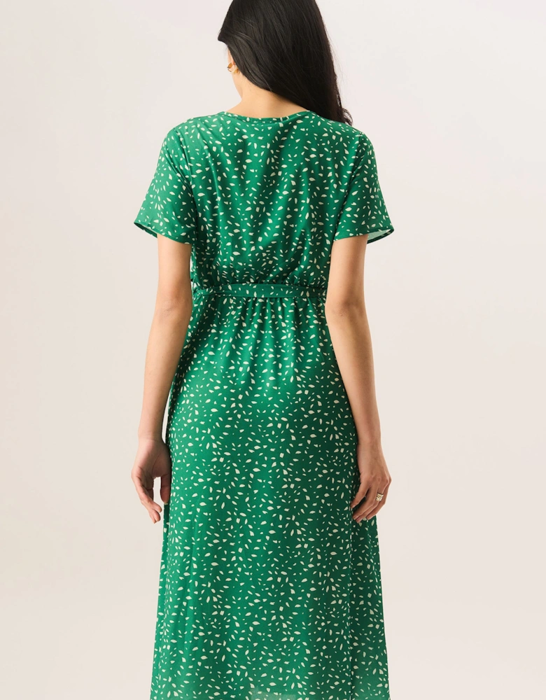 Green Animal Print Wrap Midi Dress
