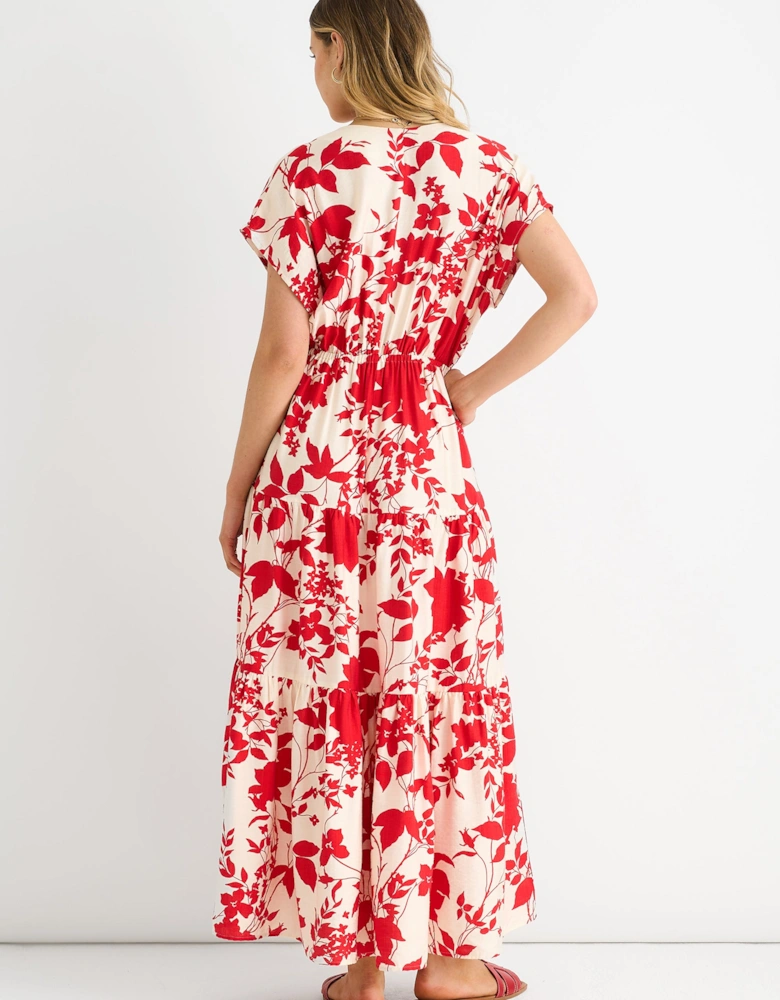 Red Floral Elastic Waist Maxi Dress